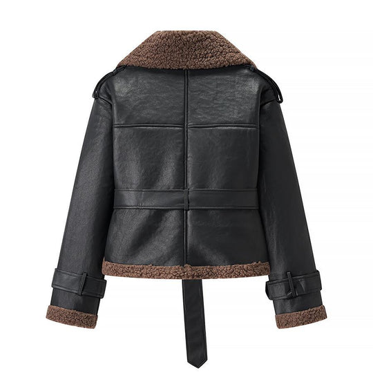 Damen Kunstlederjacke mit Teddy-Futter und taillierbarem Gürtel EB