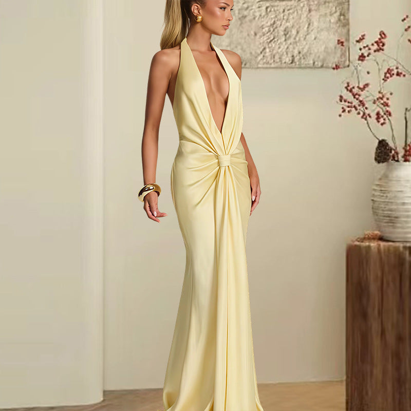 Damen Elegantes Maxi-Kleid mit tiefem V-Ausschnitt und verführerischem Wickeldetail EB