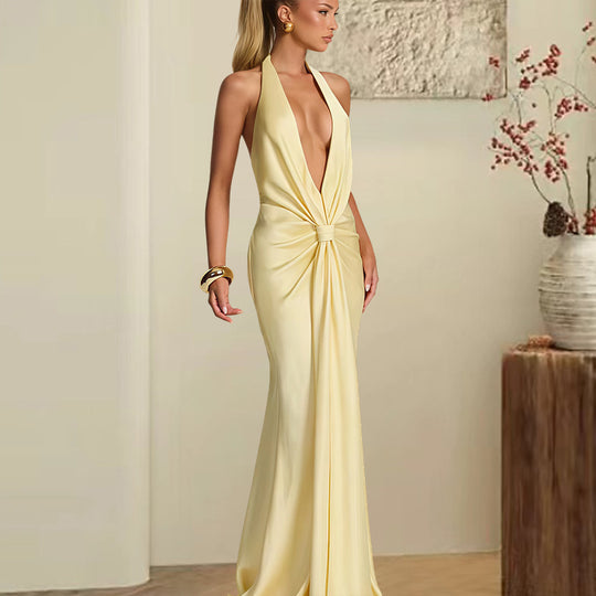 Damen Elegantes Maxi-Kleid mit tiefem V-Ausschnitt und verführerischem Wickeldetail EB