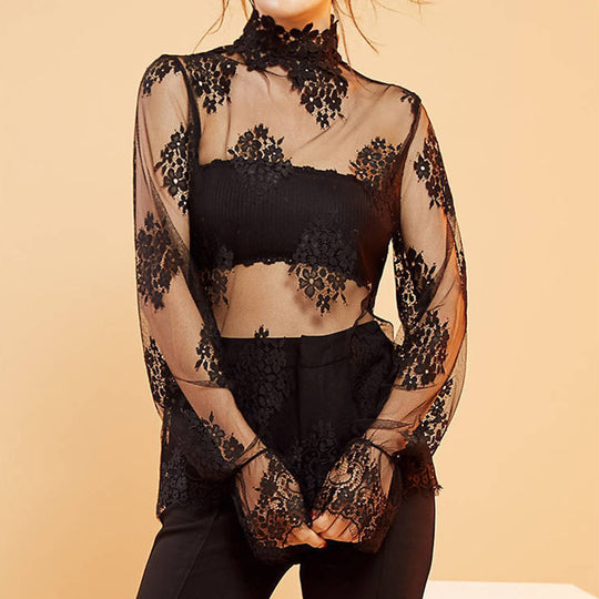 Damen Elegante transparente Bluse mit Spitzenapplikationen EB