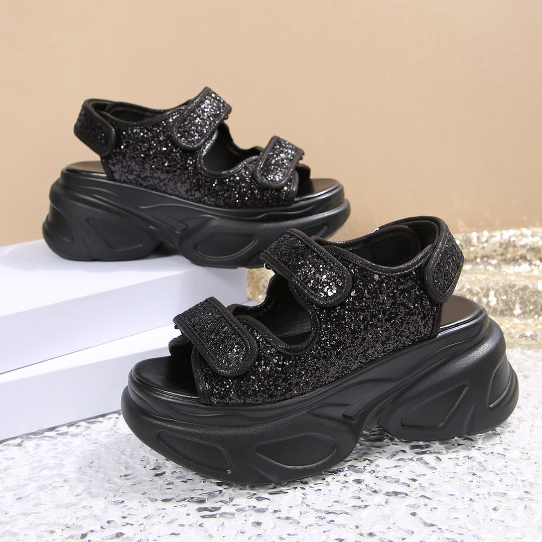 Damen Glamouröse Plateau-Sandalen mit verstellbaren Riemen und funkelnden Applikationen EB