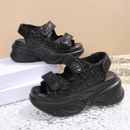 Damen Glamouröse Plateau-Sandalen mit verstellbaren Riemen und funkelnden Applikationen EB