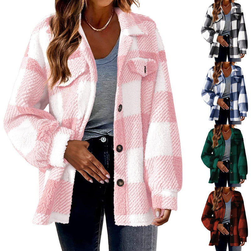 Damen nan kuschelige Sherpa-Karo-Übergangsjacke mit Brusttaschen und großzügigem Oversize-Schnitt EB