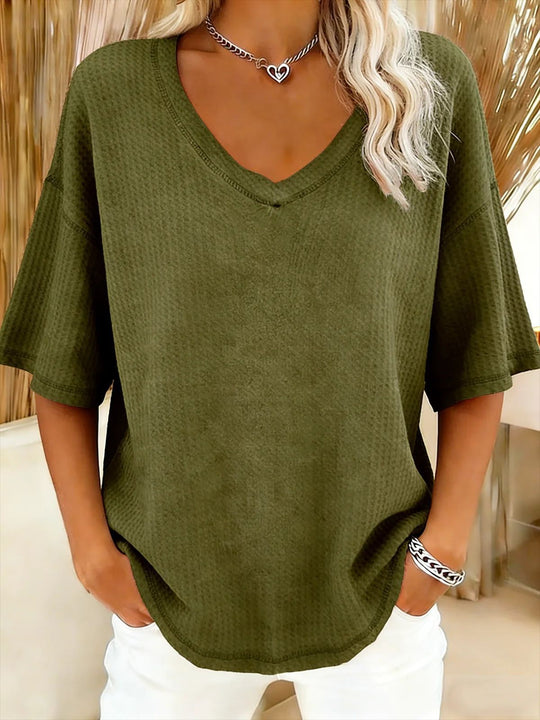 Damen lässiges Oversize-Shirt mit V-Ausschnitt und strukturiertem Muster EB