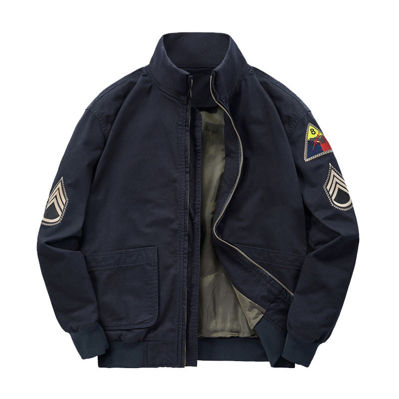 Herren Baumwoll-Canvas-Bomberjacke mit gestickten Patches und Stehkragen EB