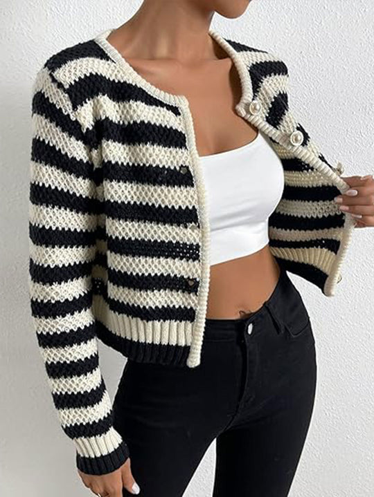 Damen gestreifte Strickjacke mit dekorativen Knöpfen EB
