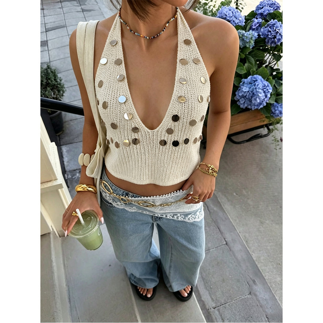 Damen trendiges Stricktop mit tiefem V-Ausschnitt und modischen Metallic-Akzenten EB