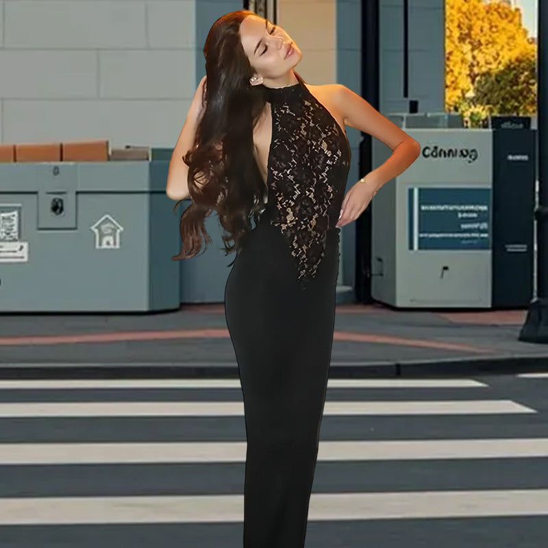 Damen Elegantes Spitzen-Maxikleid mit tiefem V-Ausschnitt und figurbetontem Schnitt EB