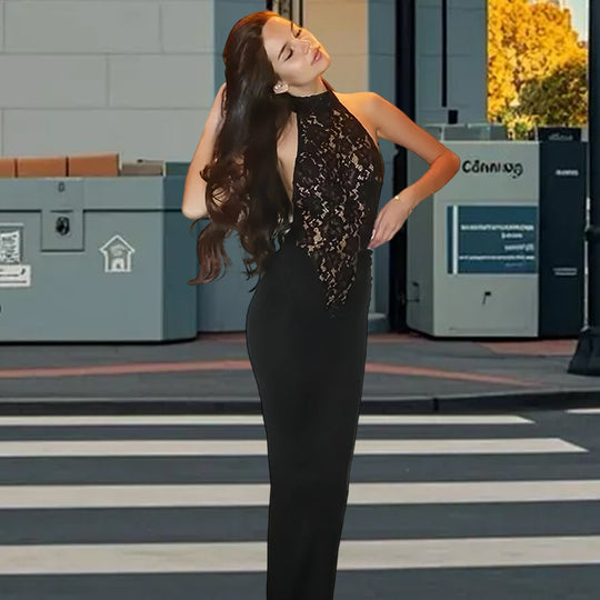 Damen Elegantes Spitzen-Maxikleid mit tiefem V-Ausschnitt und figurbetontem Schnitt EB