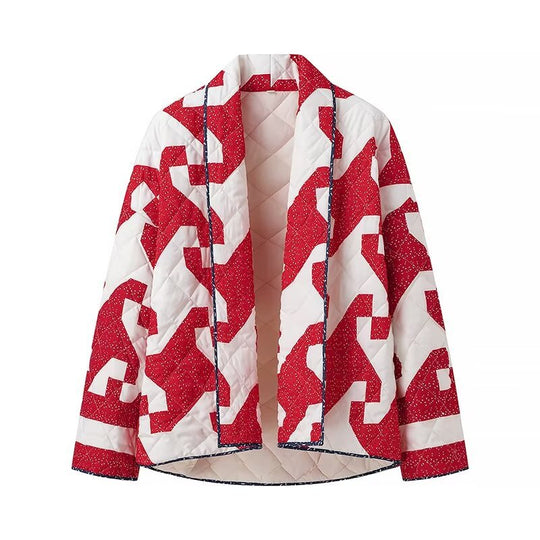 Damen gesteppte Jacke mit modernem Geometrie-Muster und offenem Schnitt EB