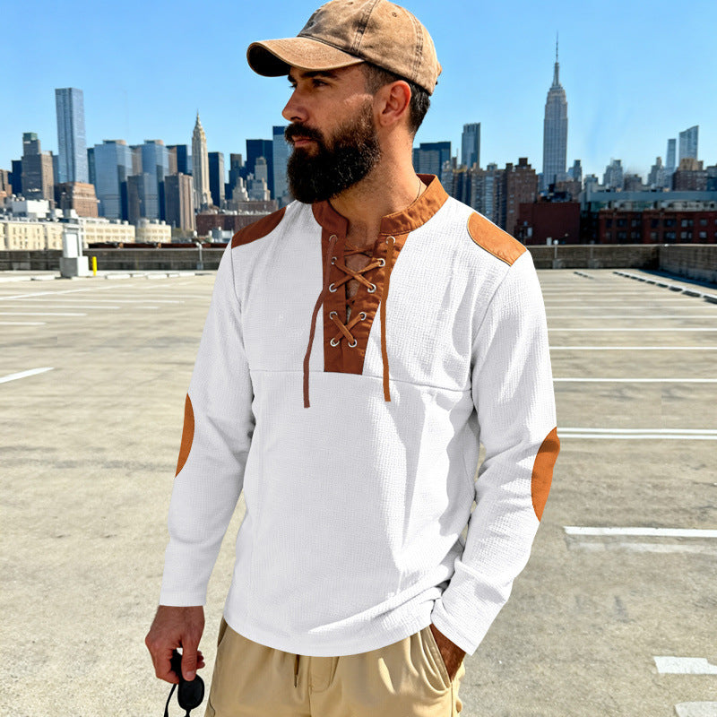 Herren Waffelstrick-Langarmshirt mit Schnürung und Kunstvelours-Ellbogenpatches EB