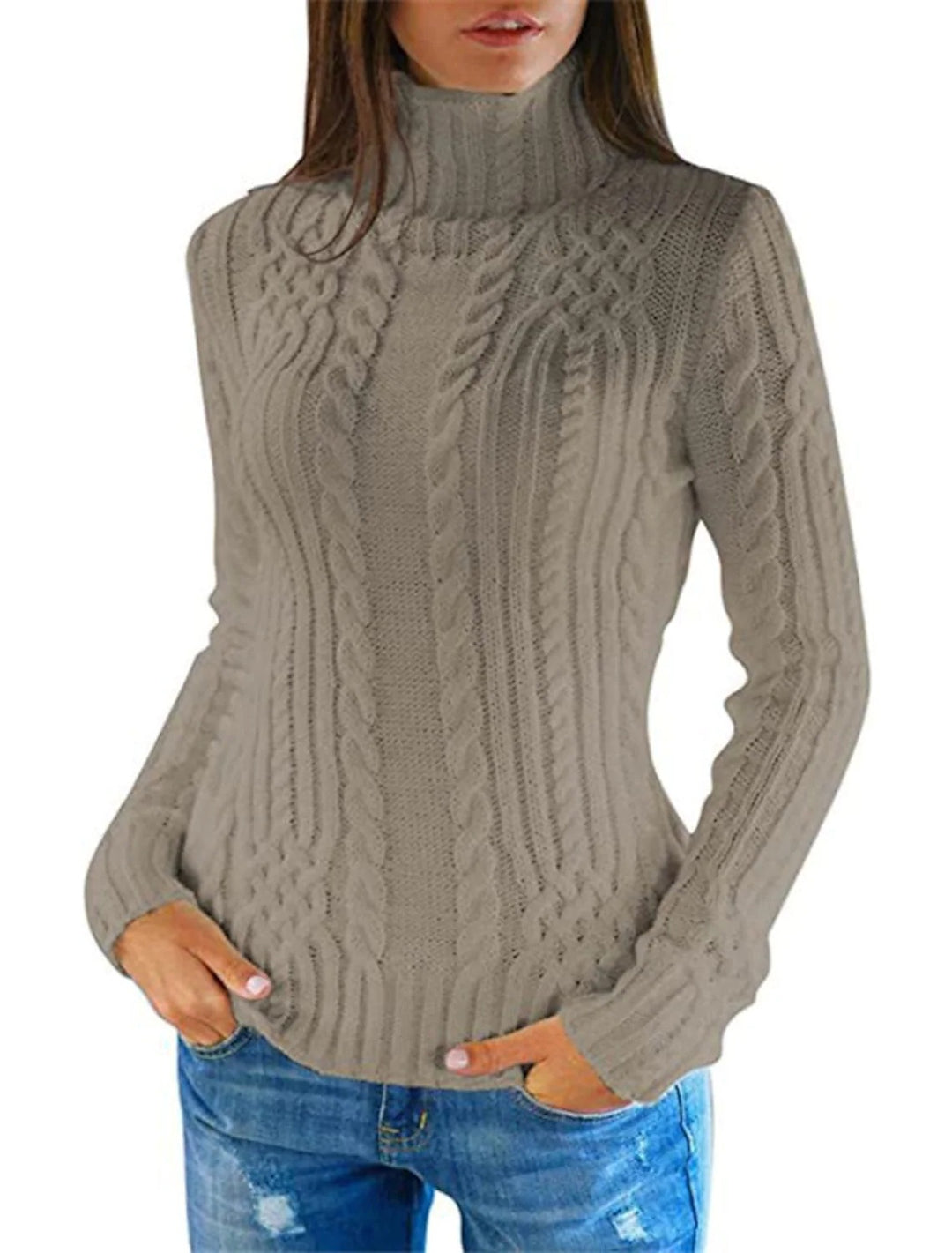 Damen Hochwertiger Strickpullover mit Stehkragen und Zopfmuster EB