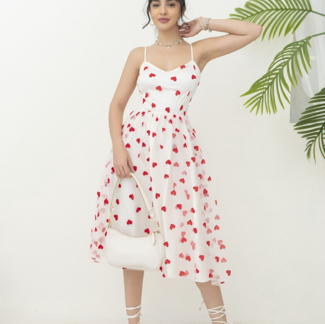 Damen romantisches A-Linien Kleid mit Herzmotiv und verstellbaren Trägern EB