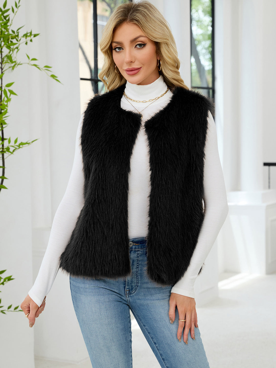 Damen Flauschige Kunstpelzweste mit voluminösem Kragen EB