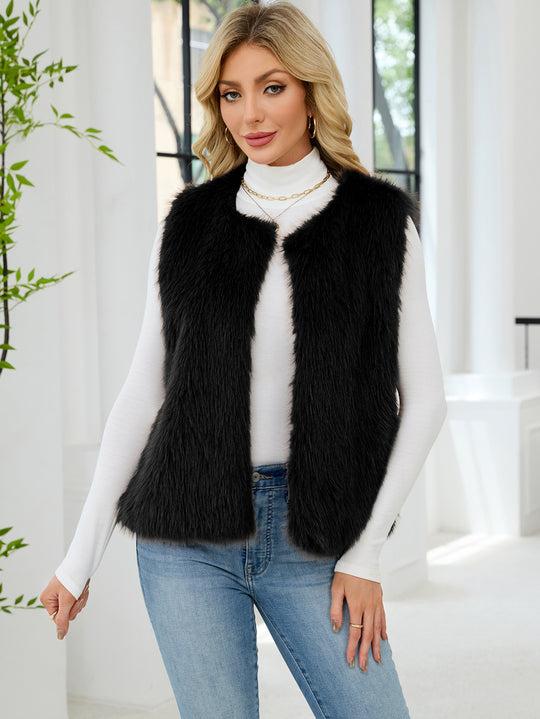 Damen Flauschige Kunstpelzweste mit voluminösem Kragen EB