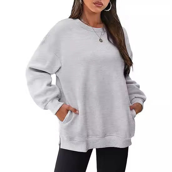 Damen nan lässiger Oversize-Sweatpullover mit seitlichen Eingrifftaschen, geripptem Saum und überschnittener Schulter EB