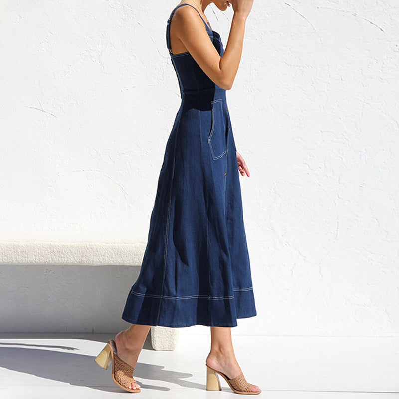 Damen langes Jeanskleid mit Knopfleiste und praktischen Taschen EB