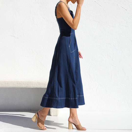 Damen langes Jeanskleid mit Knopfleiste und praktischen Taschen EB