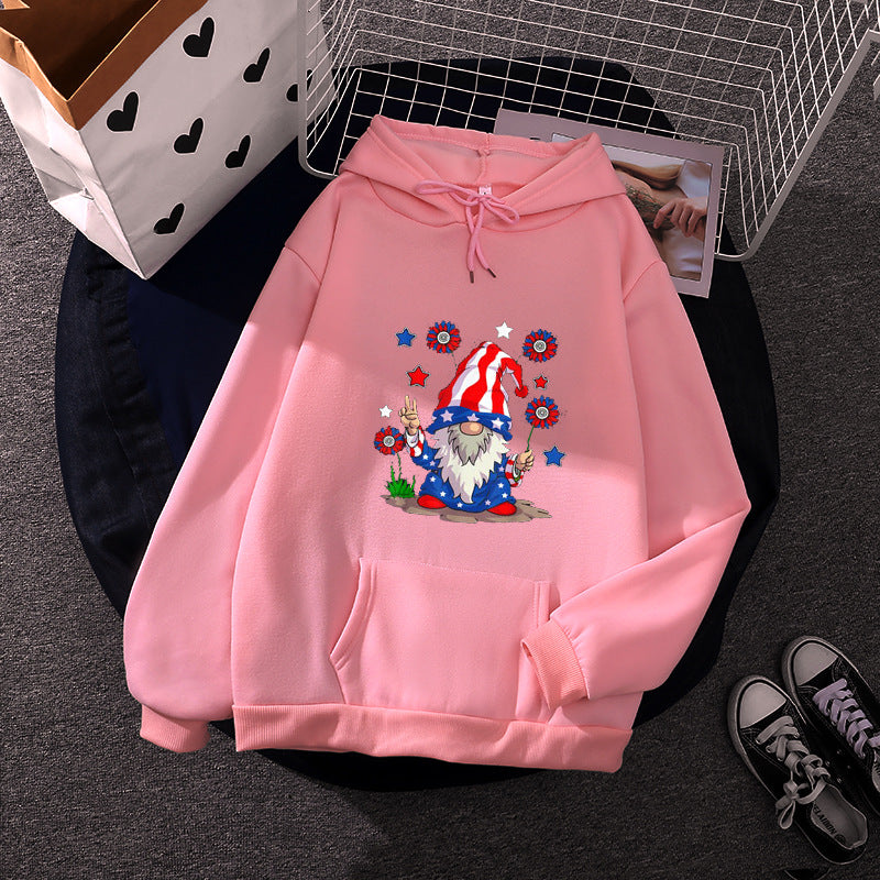 Damen nan Kapuzenpullover mit patriotischem Gartenzwerg-Print, angerautem Fleece-Innenfutter, Oversize-Schnitt und Kängurutasche EB