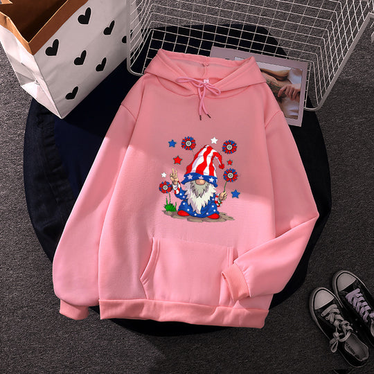 Damen nan Kapuzenpullover mit patriotischem Gartenzwerg-Print, angerautem Fleece-Innenfutter, Oversize-Schnitt und Kängurutasche EB