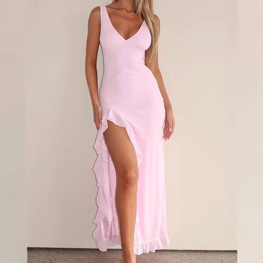 Damen Elegantes Maxikleid mit Rüschendetail und seitlichem Schlitz EB