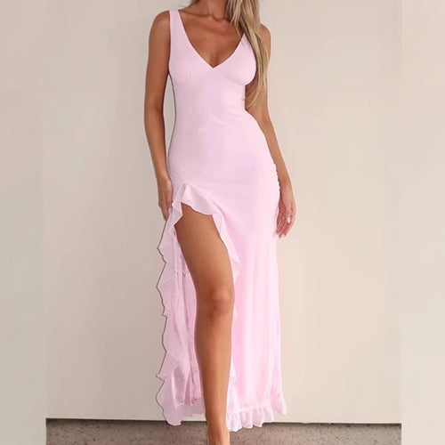 Damen Elegantes Maxikleid mit Rüschendetail und seitlichem Schlitz EB