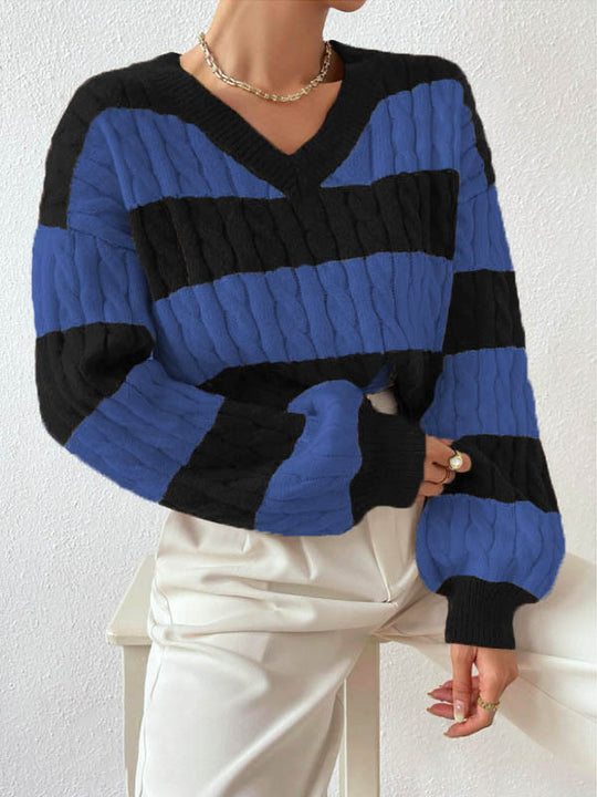 Damen V-Ausschnitt Strickpullover mit Rippstruktur und langen Ärmeln EB