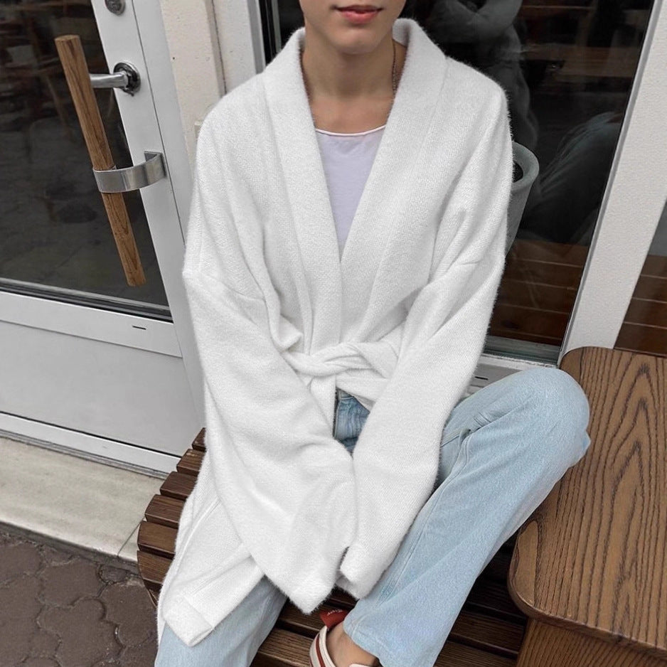 Damen modische offene Strickjacke mit Taillengürtel und weitem Schnitt EB