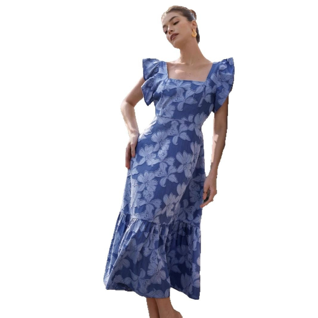 Damen Maxikleid mit floralem Streifenmuster und taillierter Silhouette EB