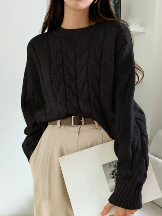 Damen Gemusterter Strickpullover mit voluminösen Ärmeln und Rundhalsausschnitt EB