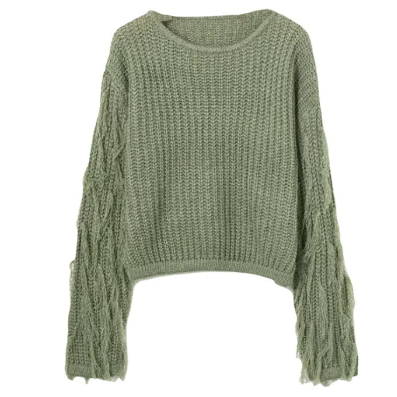 Damen trendiger Strickpullover mit ausgefallenen Fransenärmeln EB