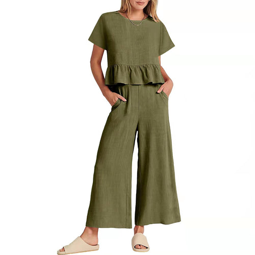 Damen Zweiteiliges Outfit mit fließendem Oberteil und weitem Hosen-Design EB