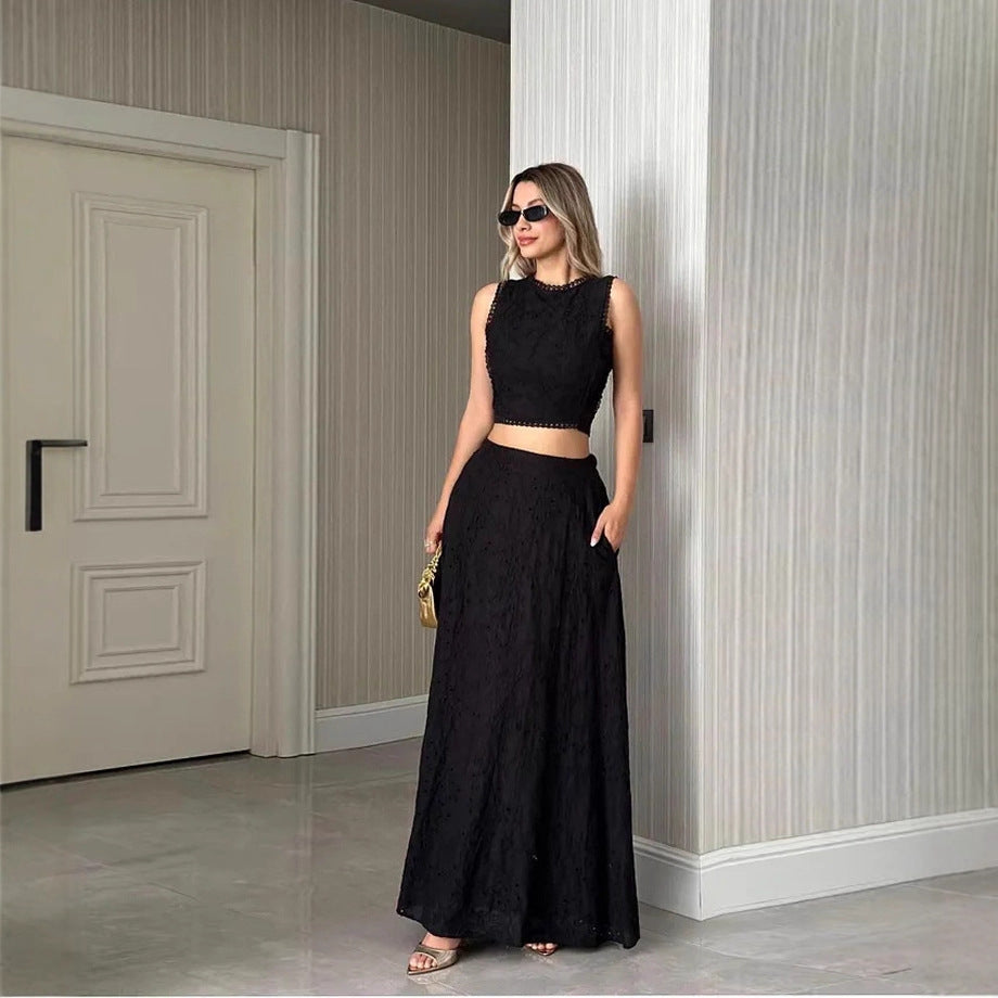 Damen Maxikleid mit filigranem Lochstickmuster und modischem Crop-Oberteil EB