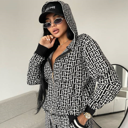 Damen modisches Strick-Loungewear-Set mit grafischem Muster EB