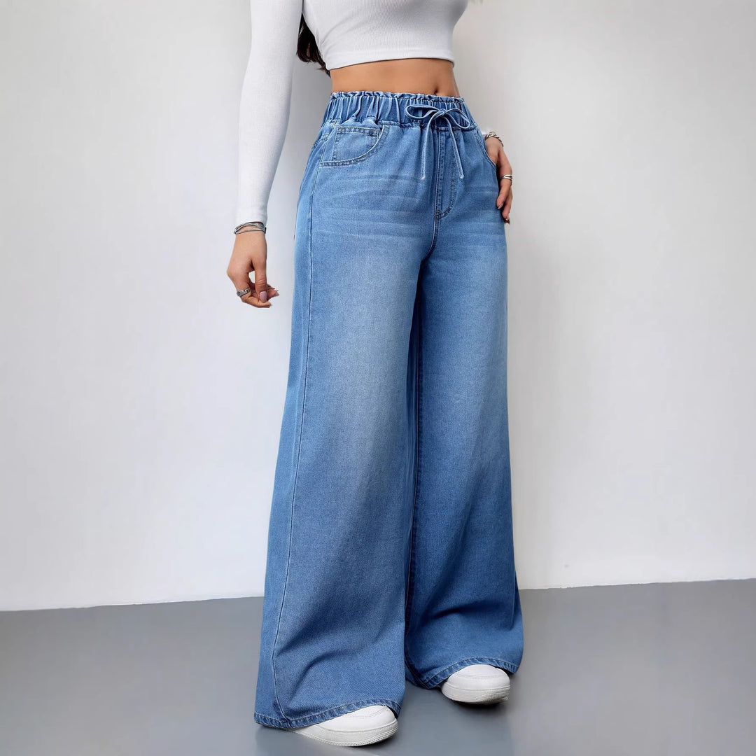 Damen Weit geschnittene Denim-Hose mit elastischem Bund und praktischen Taschen EB