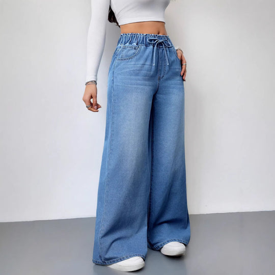 Damen Weit geschnittene Denim-Hose mit elastischem Bund und praktischen Taschen EB