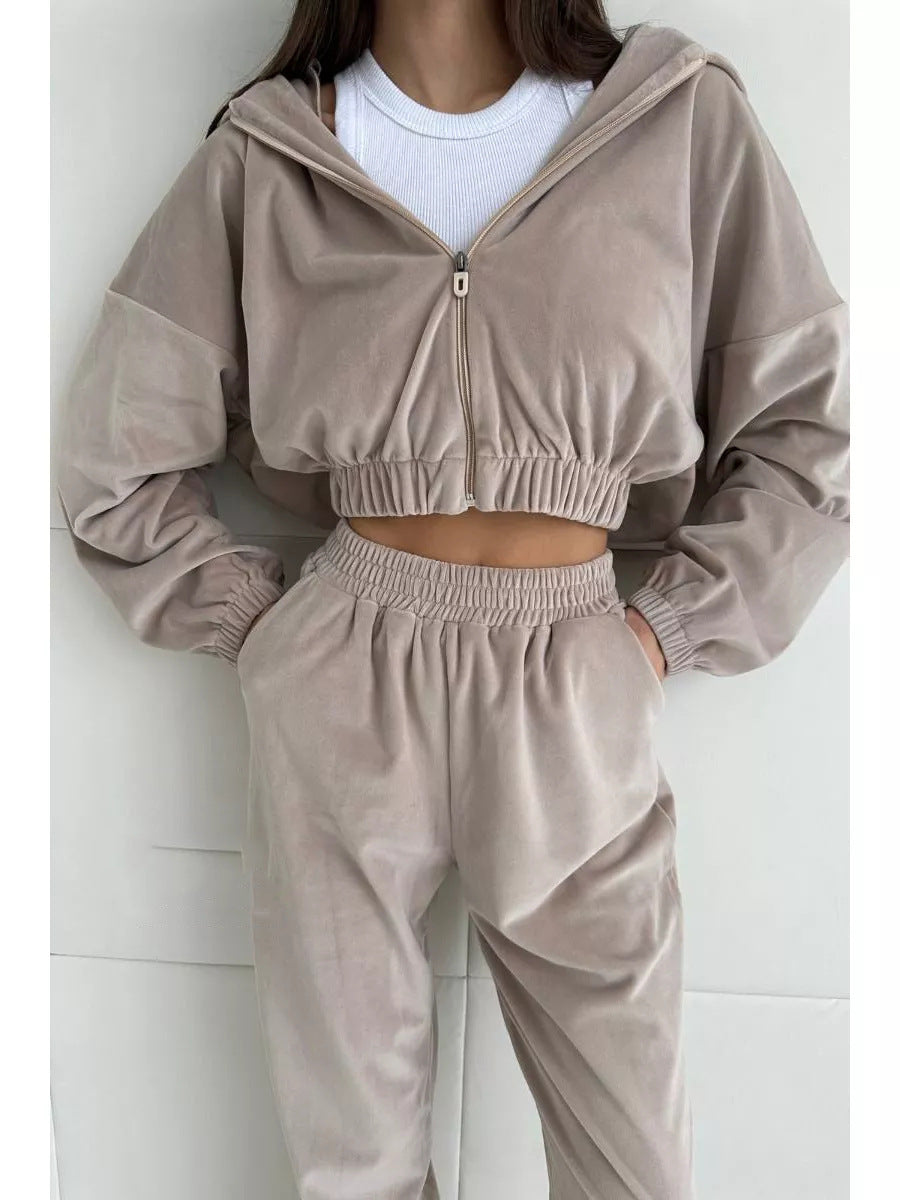 Damen luxuriöser Samt-Trainingsanzug mit geraffter Bomberjacke und High-Waist Jogginghose EB