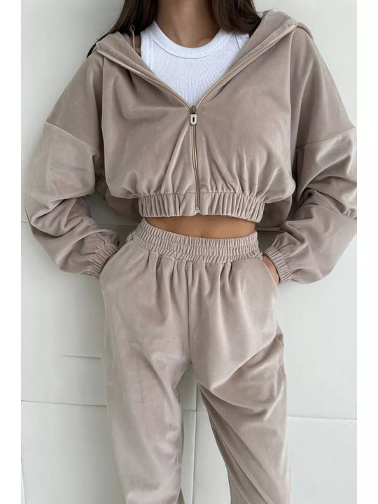 Damen luxuriöser Samt-Trainingsanzug mit geraffter Bomberjacke und High-Waist Jogginghose EB
