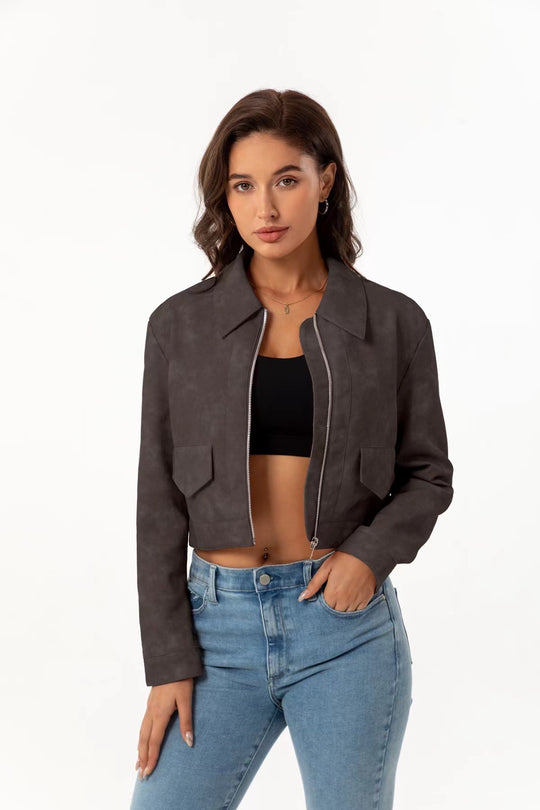 Damen modische cropped Jacke mit aufgesetzten Taschen EB