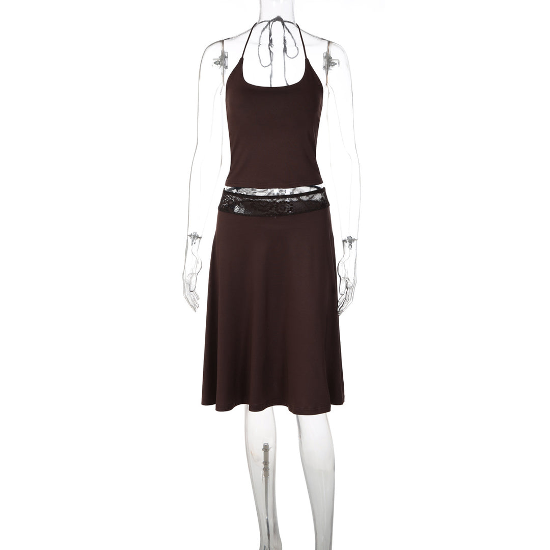 Damen elegantes Trägerkleid mit Spitzenakzent und fließendem Schnitt EB