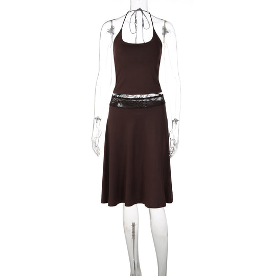 Damen elegantes Trägerkleid mit Spitzenakzent und fließendem Schnitt EB