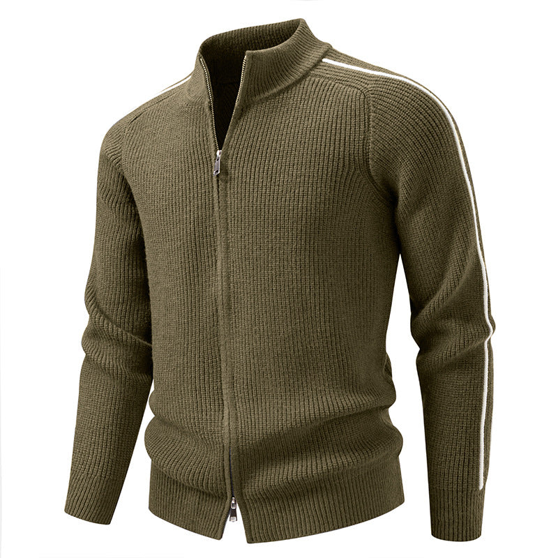 Herren nan Reißverschluss-Strickjacke mit Stehkragen, strukturierter Rippenoptik und kontraststreifen EB