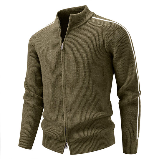 Herren nan Reißverschluss-Strickjacke mit Stehkragen, strukturierter Rippenoptik und kontraststreifen EB