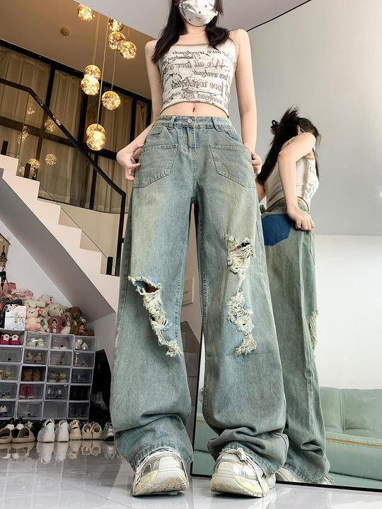 Damen Weite Destroyed Jeans im Vintage-Stil mit modischen Rissdetails EB
