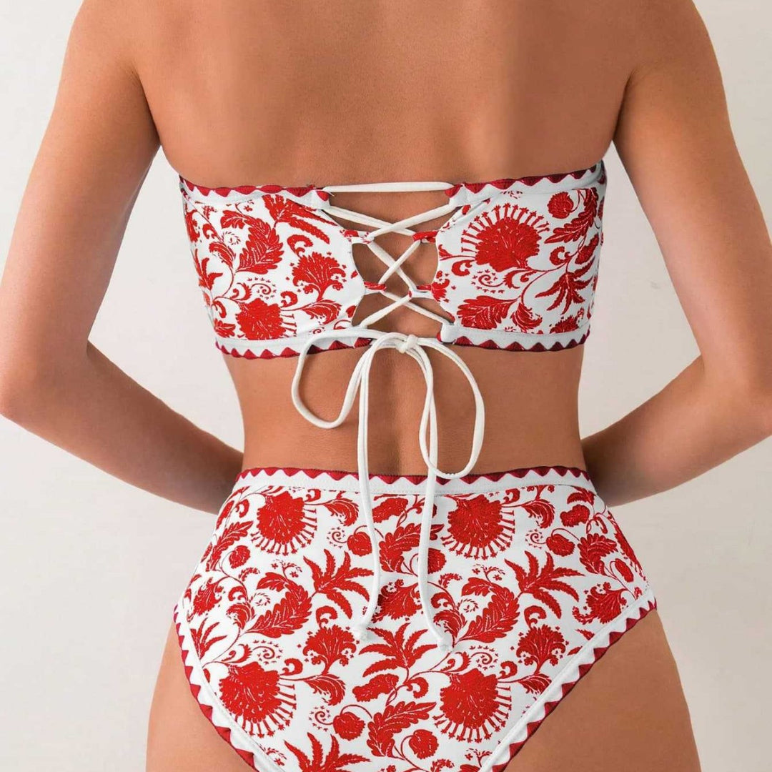 Damen Bandeau-Bikini-Set mit farbenfrohem floralen Muster und elastischem Gürtel EB