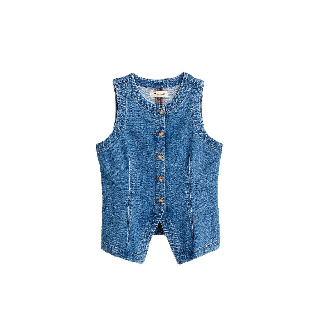 Damen Jeans-Weste mit asymmetrischem Schnitt und dekorativen Knöpfen EB