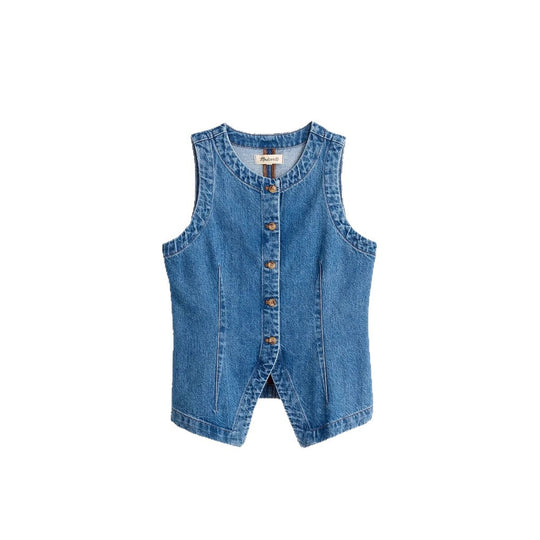 Damen Jeans-Weste mit asymmetrischem Schnitt und dekorativen Knöpfen EB