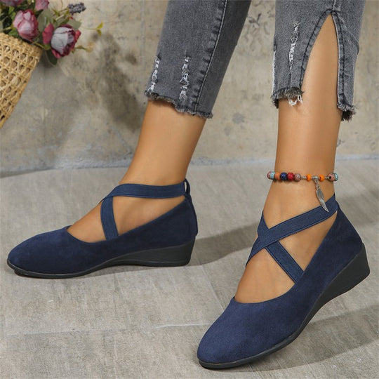 Damen elegante Wedge-Pantoletten mit überkreuzten Riemen und komfortablem Fußbett EB