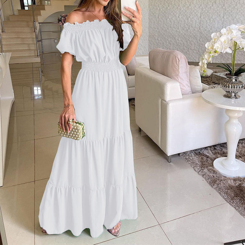 Damen Maxikleid mit schulterfreiem Design und voluminösen Rüschendetails EB
