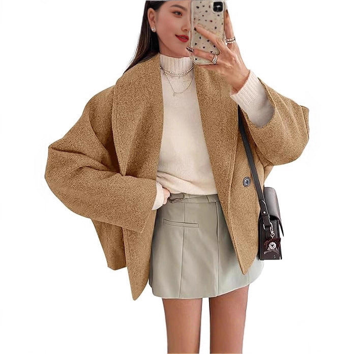 Damen nan oversized Teddyjacke mit großem Schalkragen und Ein-Knopf-Verschluss EB